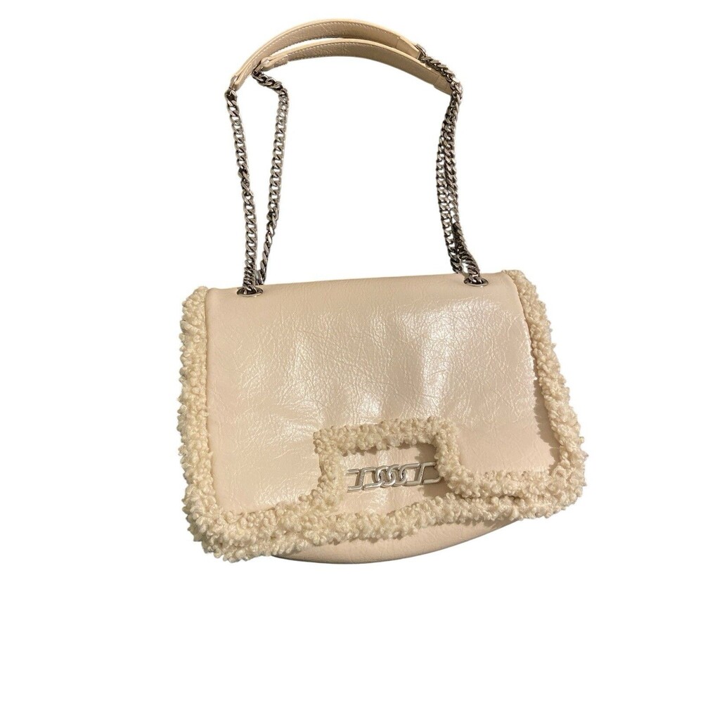 JW PEI Ivory Faux Leather Sherpa‎ Trim Chain Shoulder Bag Teddy Sherpa Purse
